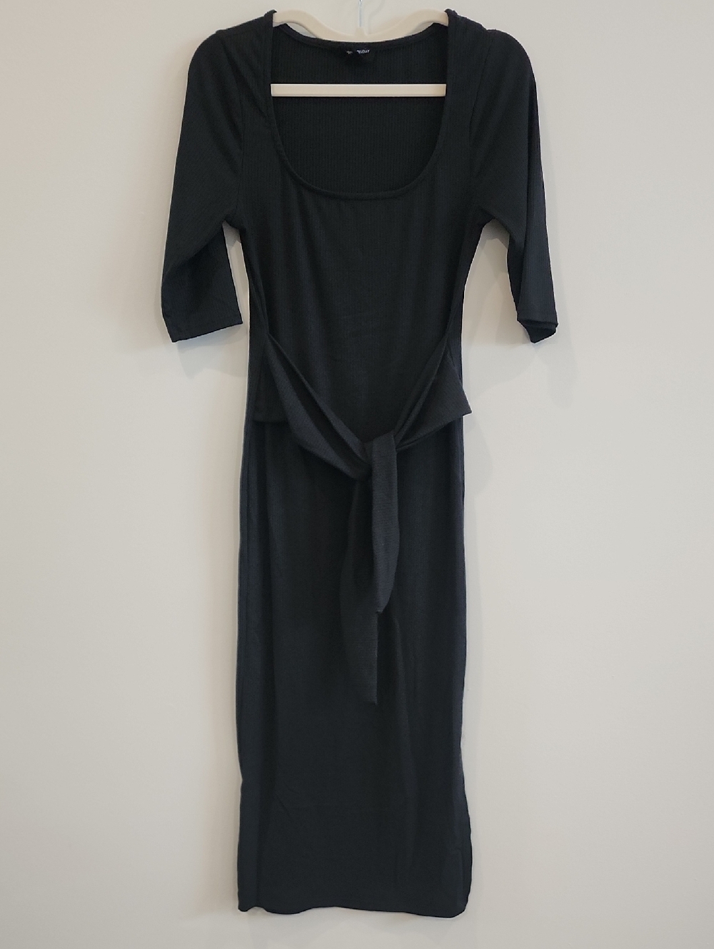 See You Monday Black Scoop-Neck Tie-Waist Midi Dress